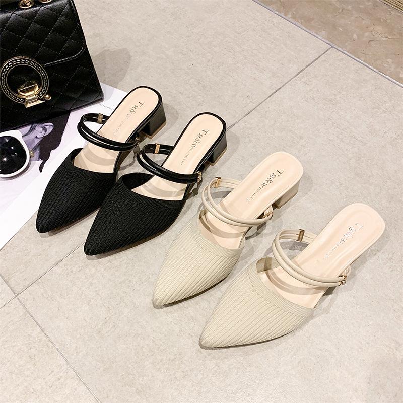 Baotou, One Shoe, Two Sandals, Women's 2025 Summer New Knitted High-heeled Stiletto, and One-word Cool Slippers