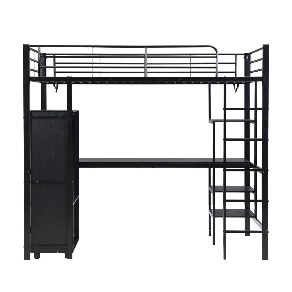 Iron Bed, Bunk Bed, Suitable for Children and Adolescents, Table and Wardrobe, Storage Compartments, 5-step Ladder, Iron+chipboard, Black, 90x200cm