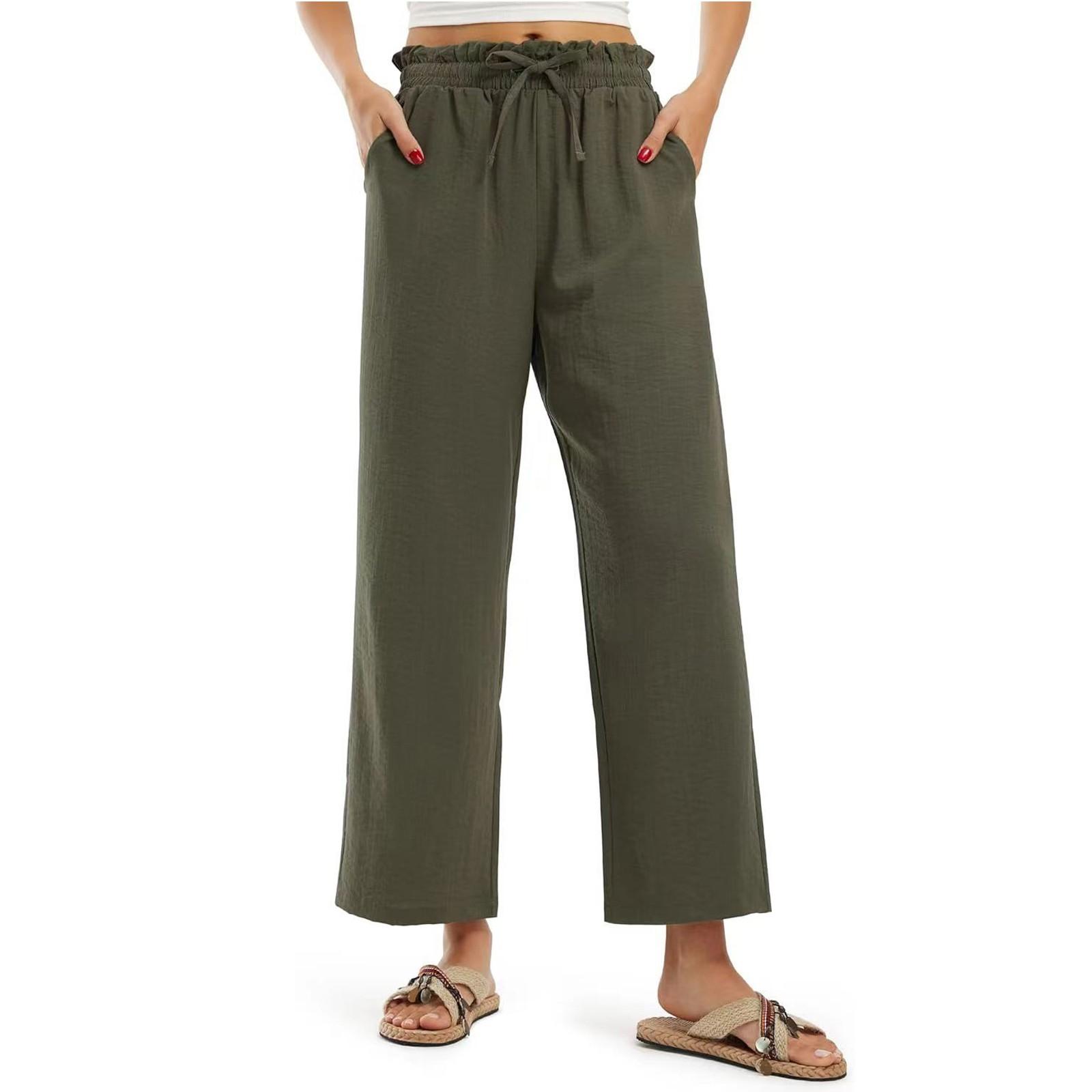 

Женские модные однотонные хлопковые конопляные свободные брюки с завязками и карманами, широкие брюки, повседневные брюки XXL армия зеленый