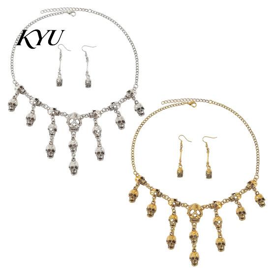 Dark Aesthetic Pendant Earrings Halloween Skull Jewelry Set for Women, Tassel Necklace & Dangle Earrings, Punk Gothic Accessories Costume Party Alloy