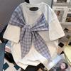 Women's Summer Plaid Bow Short Sleeve Korean Tee