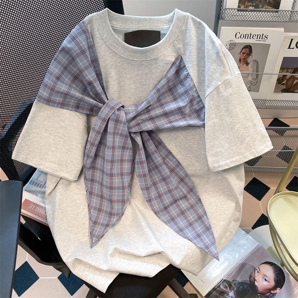 Women's Summer Plaid Bow Short Sleeve Korean Tee
