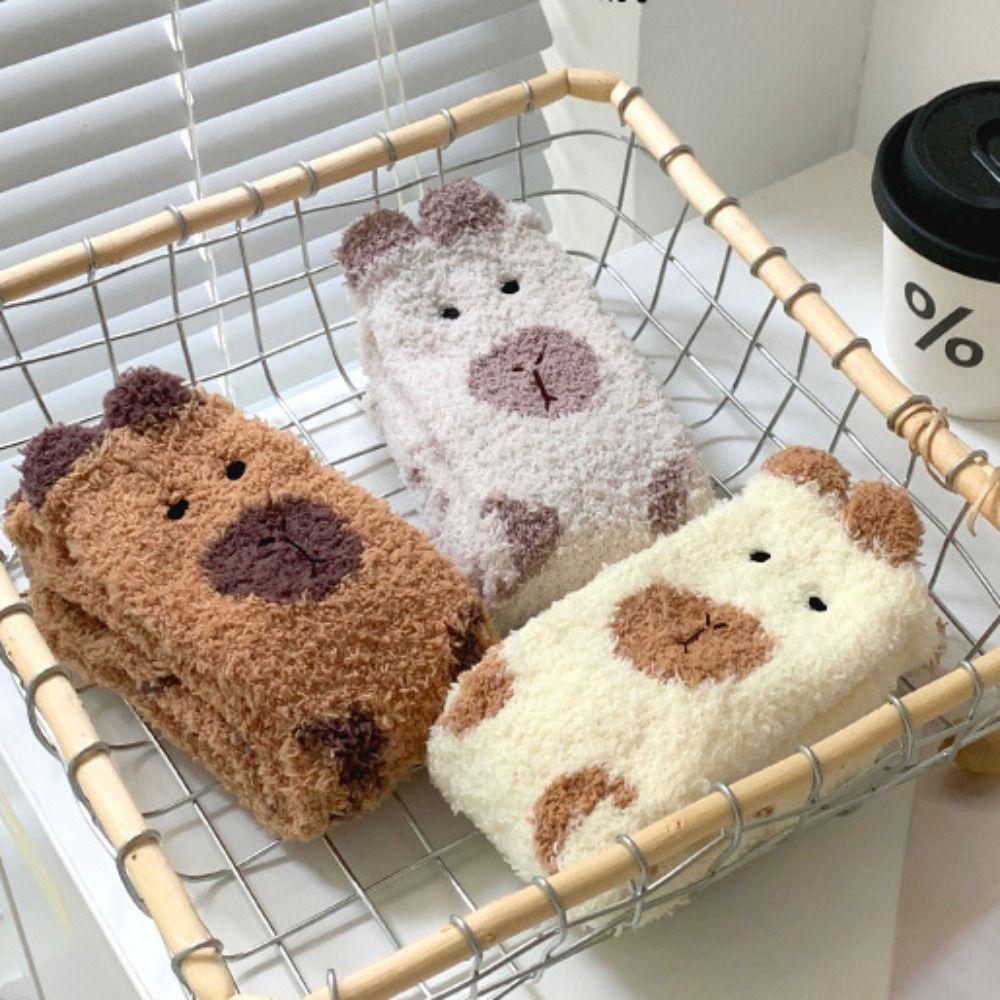 5Pairs Plush Coral Fleece Socks Warm Sleeping Socks Women Cute Capybara Fleece Socks Fall Winter