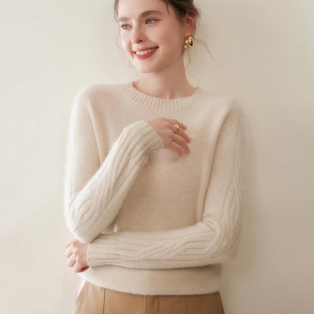 Women's Solid Color Cashmere Knit Pullover Sweater - Round Neck, Loose Fit, Slimming Base Layer for Autumn/Winter