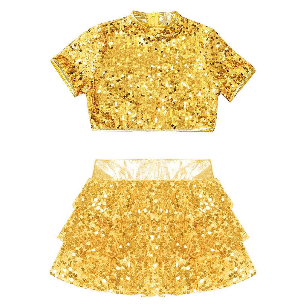 Girls Cheerleading Dance Costume Mock Neck Short Sleeve Sparkly Sequins Crop Top Tiered Ruffle Shorts