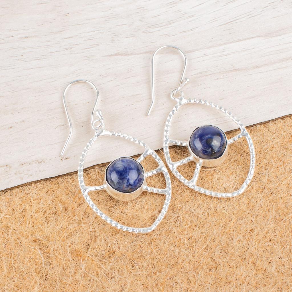 Natural Sodalite Gemstone 925 Sterling Silver Jewelry Handcrafted Earrings 2.00" EE-52-23