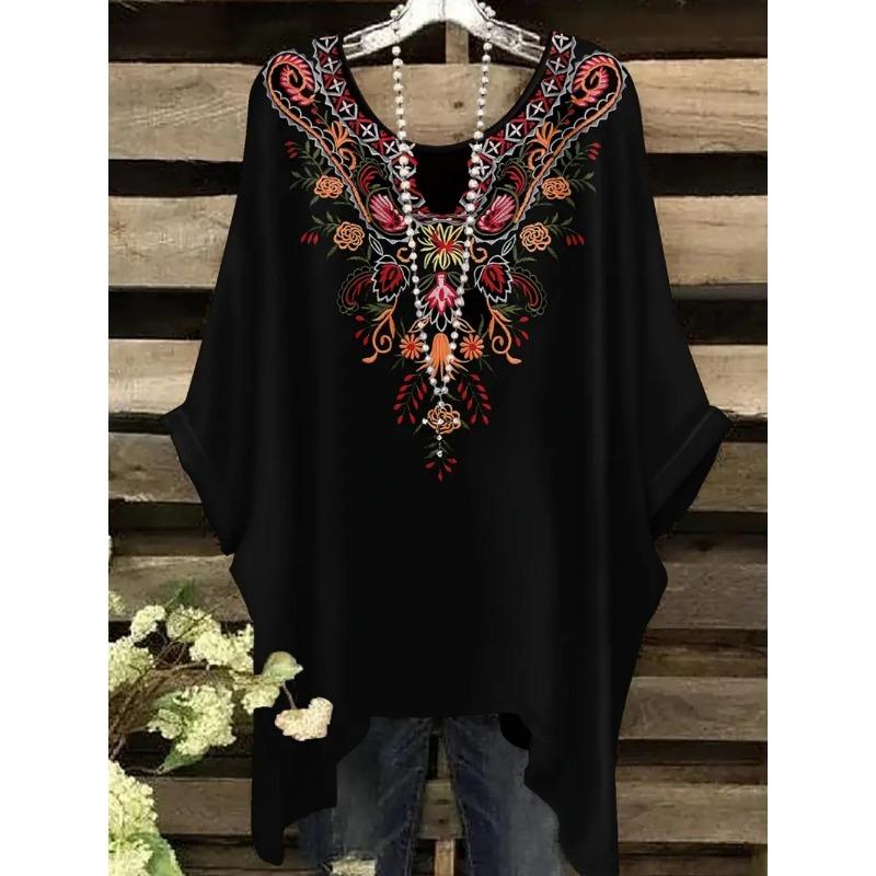 Camisetas Oversize Estilo Bohemio Chic Estampado Étnico Vintage Sencillo Dobladillo Irregular Cuello Redondo Top para Mujer Moda Versátil Ropa de Mujer
