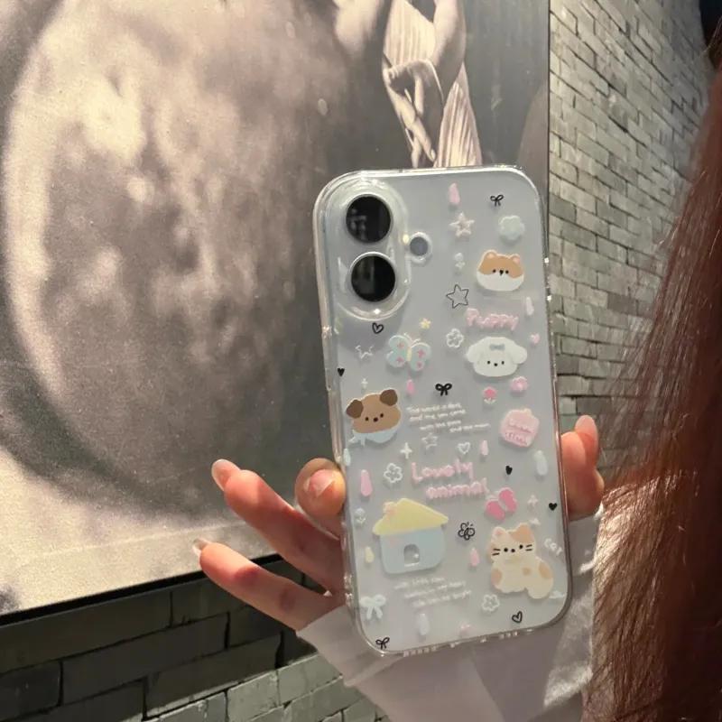 Phone Case For IPhone 17 17E 16E Air 16 15 14 13 Pro Max 12 11 Plus Y2K Kawaii Korean Cartoon Raindrop Puppy Heart Durable Cover