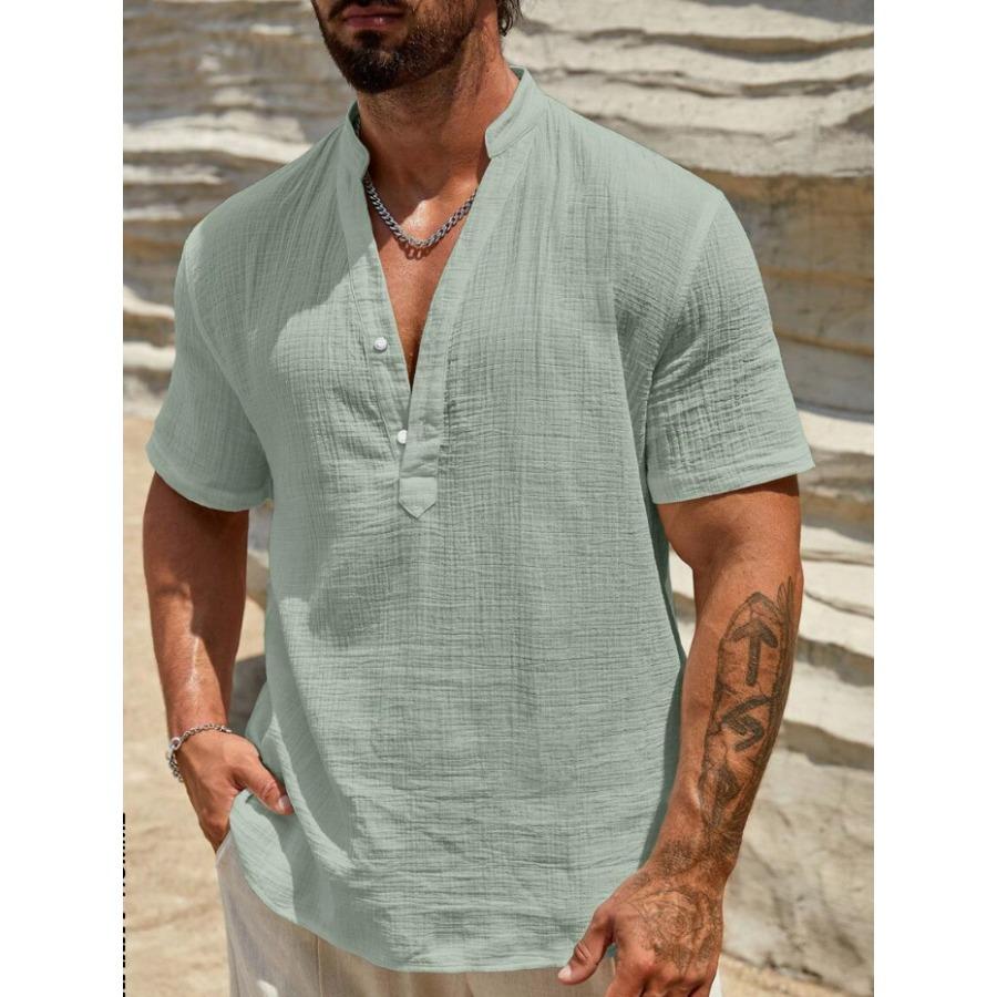 Camicia da uomo casual a tinta unita con collo alla coreana e scollo a V per l'estate Camicie da uomo a maniche corte bianche azzurro