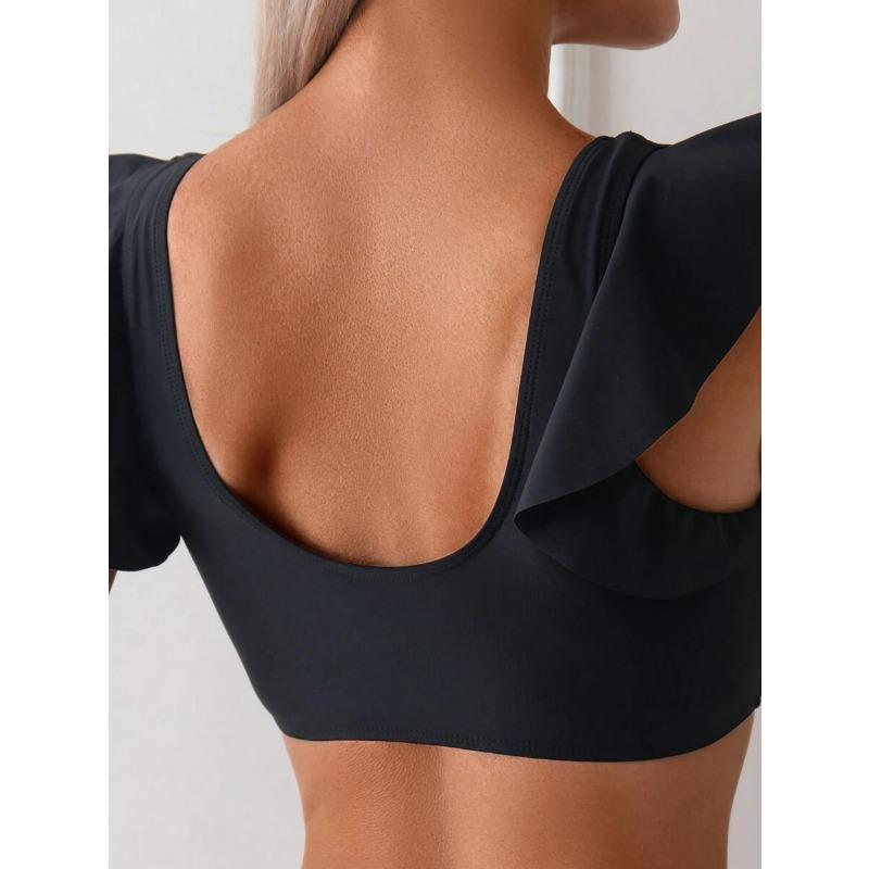 Navy Blue Ruffle Sleeve High Waist Bikini Set V Neck Two Piece Swimsuit