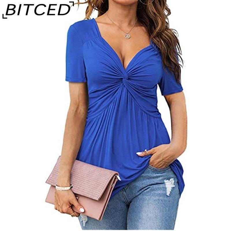 BITCED Women's V-Neck Front-Twist Short-Sleeved Elegant Casual T-Shirt Solid-Colour Pullover Top