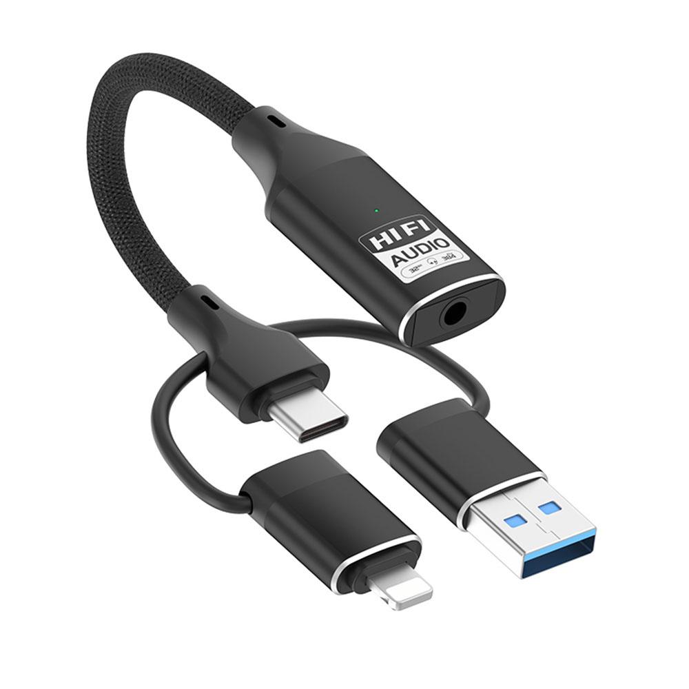 3 In 1 iP/USB/Type C to 3.5mm HiFi External Sound Card Compatible with Android Windows MAC for Live Streaming Karaoke