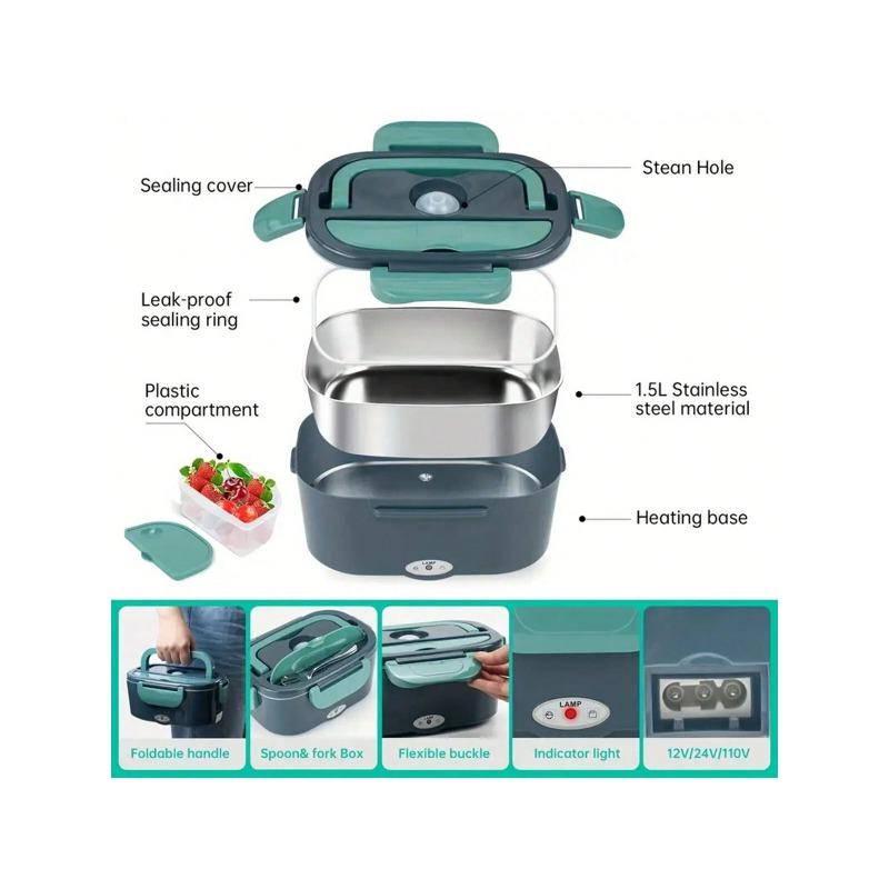 Dual Voltage Car Lunch Box Adjustable Temperature Heating System Food Container зелёный