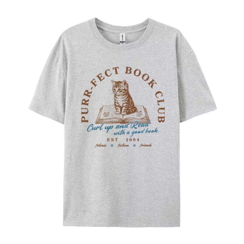 

Funny Purrfect Book Club Bookish T Shirt Vintage Loose Bookworm Women Tshirt Cute Graphic Shirt Literature Female Tops Tee Gifts S