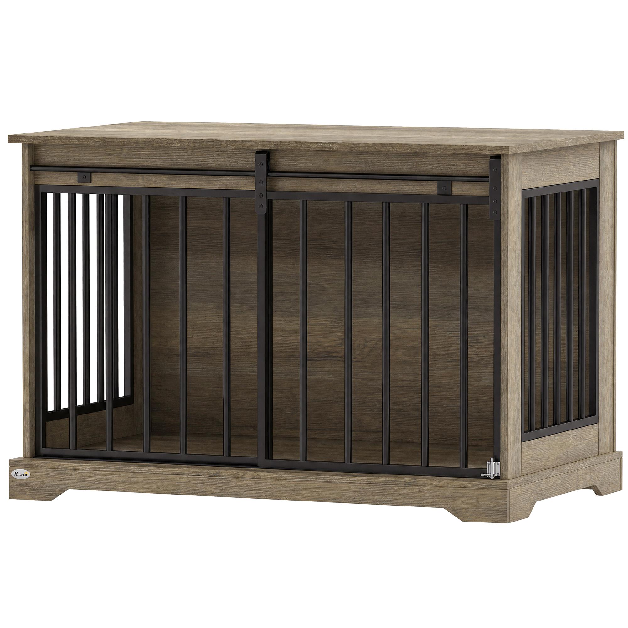 Houten En Stalen Hondenkennel Met Schuifdeur Bijzettafel Moderne Kennel 100x60x68cm Grijs Hout Effect