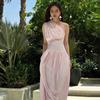 2026 European and American summer new French temperament elegant style slim waist pleated single shoulder strap dress women