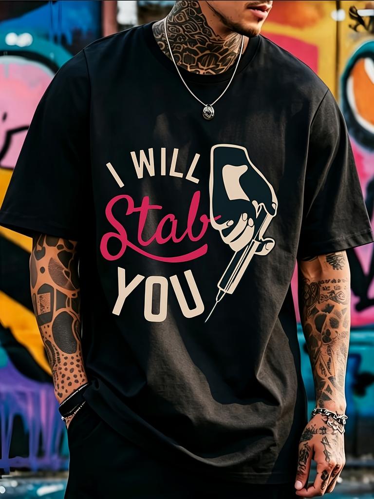 Unisexs Printed Loosefit Shortsleeve Tshirt Retro Casual Style Gift For Husband And Dad Ill Stab You Syringe Design