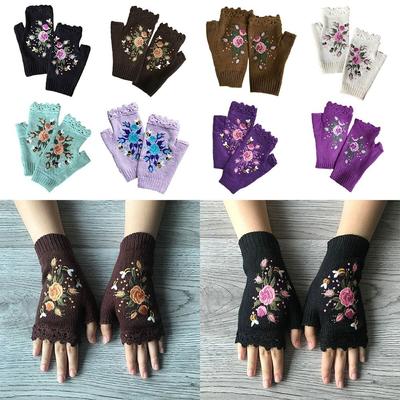 Soft Floral Bee Embroidery Knitted Fingerless Gloves Keep Warm Thumb Holes Fingerless Gloves Flower Mittens Women