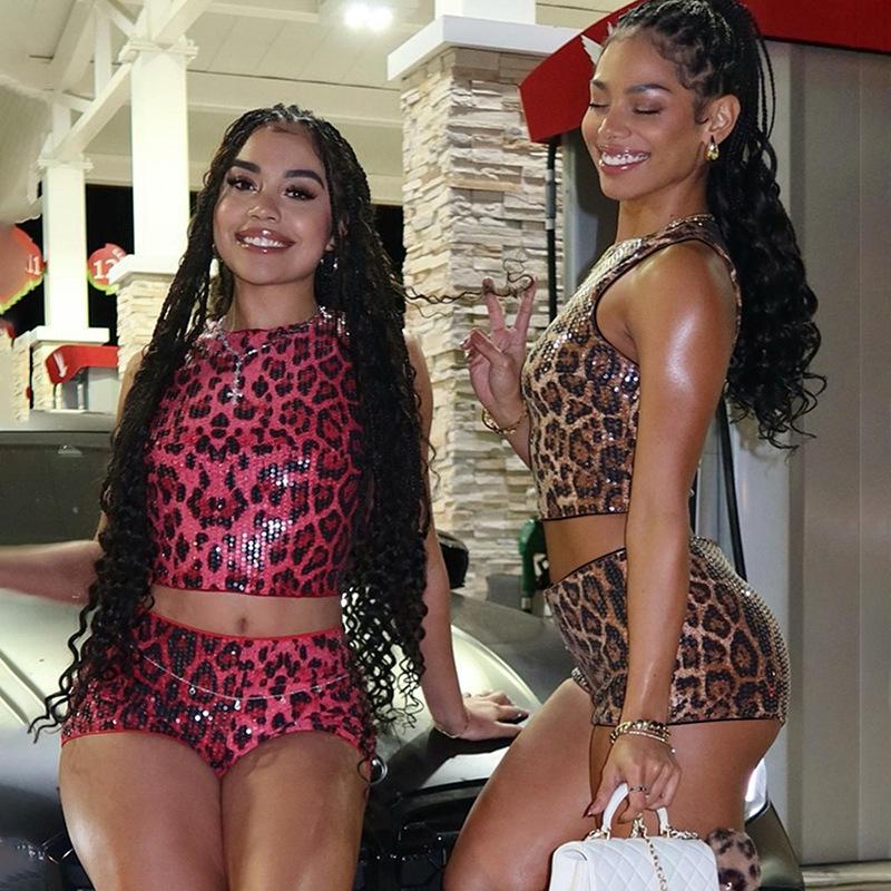 

Women s Sexy Leopard Print Sequin Sleeveless Crop Top & Shorts Set Large хаки
