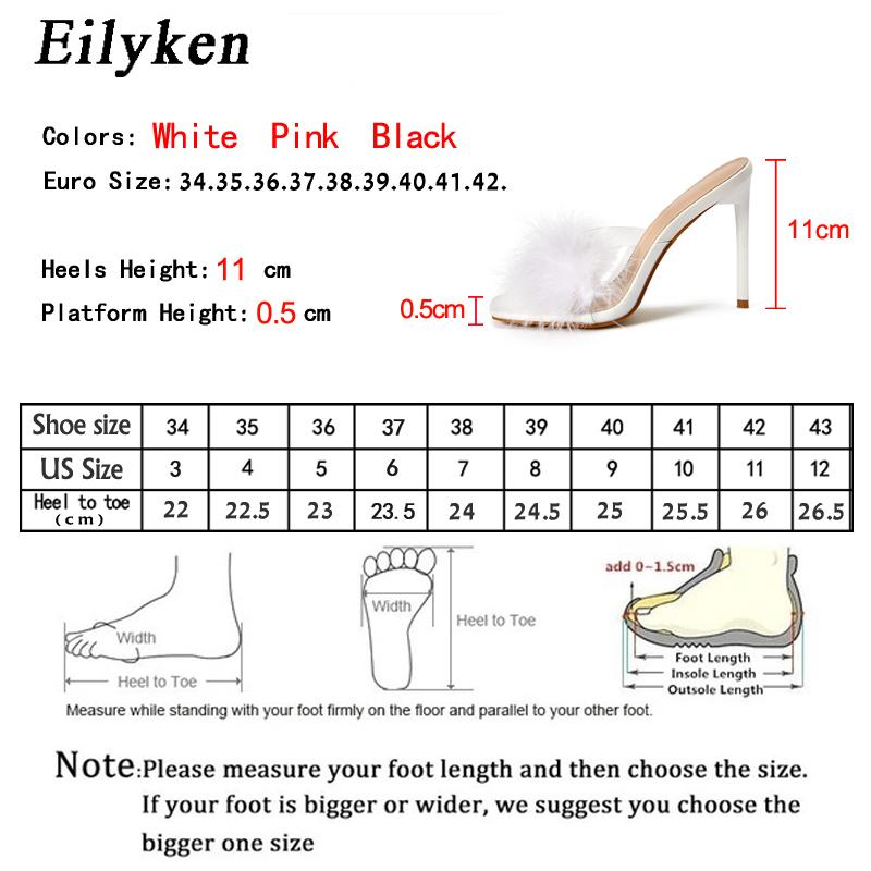 Fashion Eilyken Fashion Feather Thin Heels Fur PVC Slippers Sandals Women Peep Toe Mules Ladies Pumps Slides Shoes Size 35-42