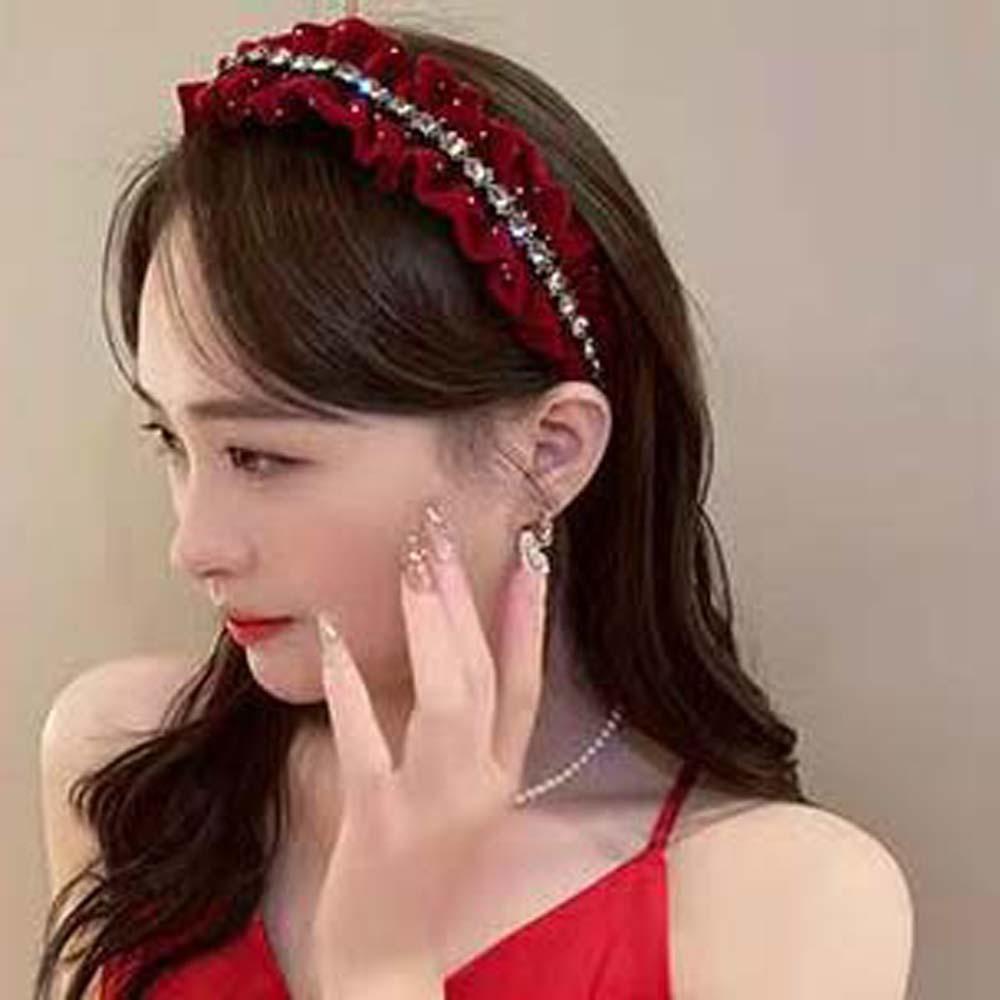Sweet Velvet Pleated Hair Hoop French Style Women Sequin Hairband Shiny Rhinestone Headband  Ball