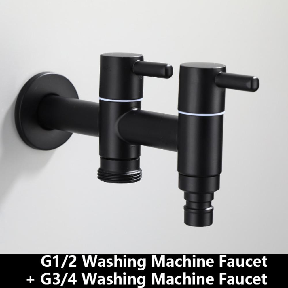 304 Stainless Steel Washing Machine Faucet Anti Splash Matte Black Mop Washing Tap Wall Mounted 1in 2out Bathroom Sink Bibcock