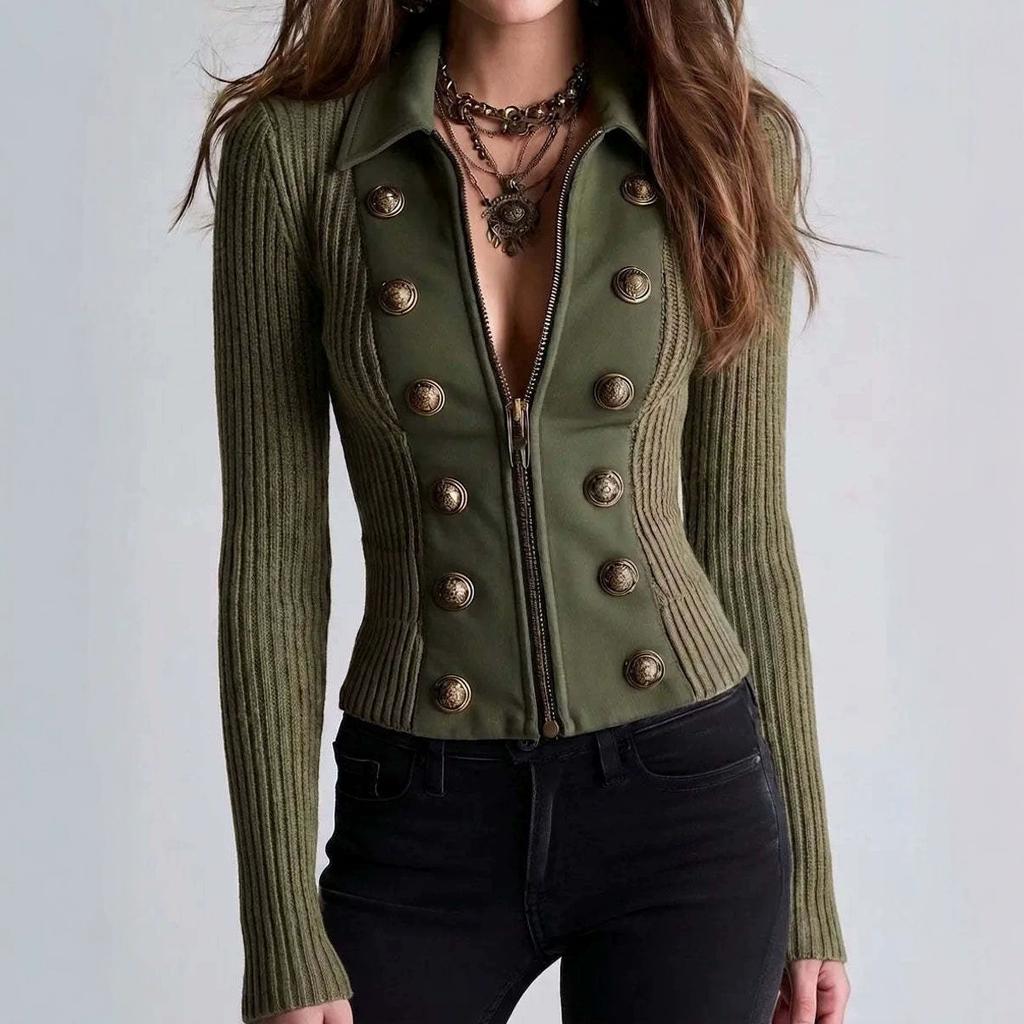 Dámská Vintage Pletená Bunda Límec Na Zip Dvouřadé Zapínání Knoflíky s Dekorací Slim Fit Zkrácená Dlouhý Rukáv Svrchní Oblečení
