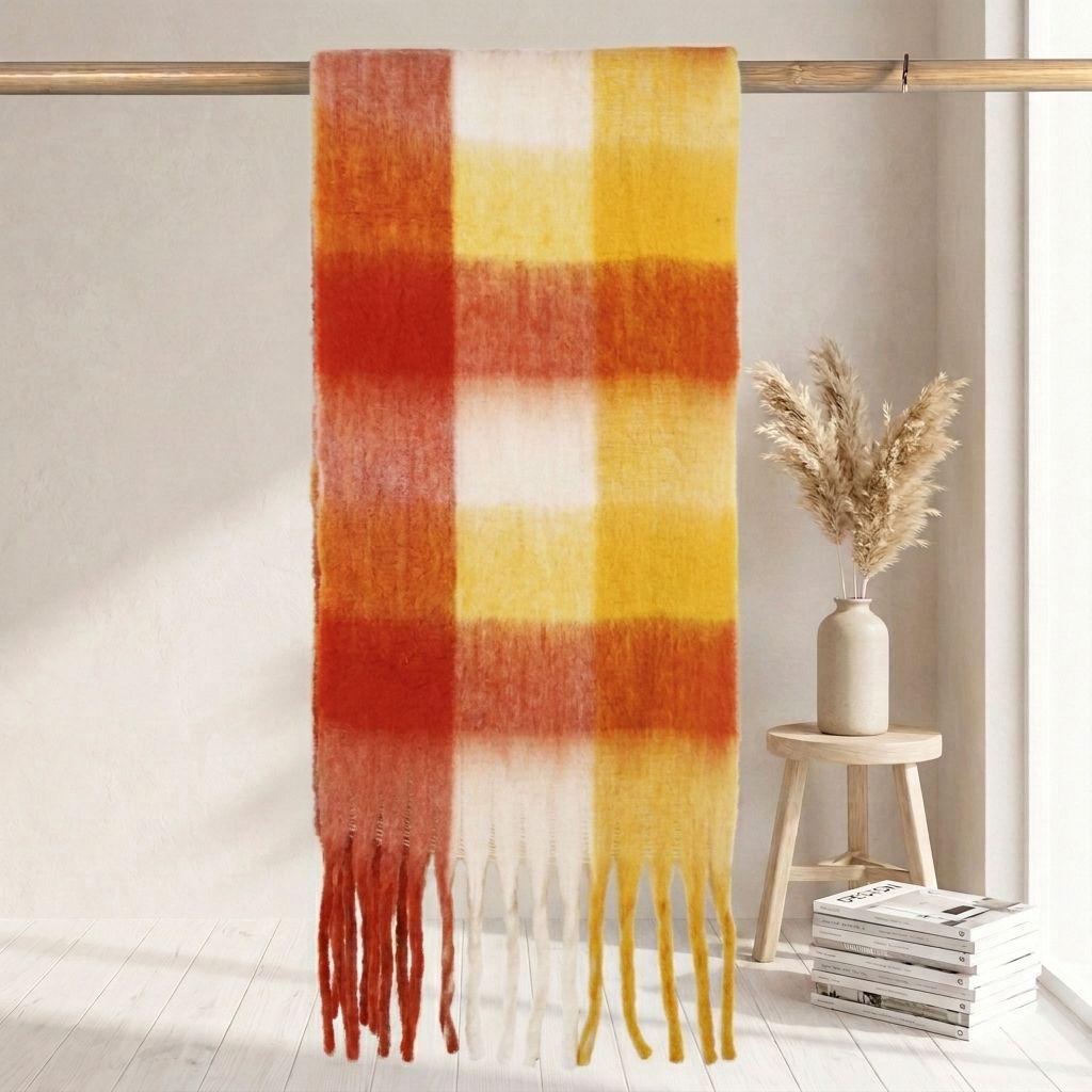 Women's High-Grade Colorful Plaid Mohair Scarf - Thick, Warm, and Versatile for Winter