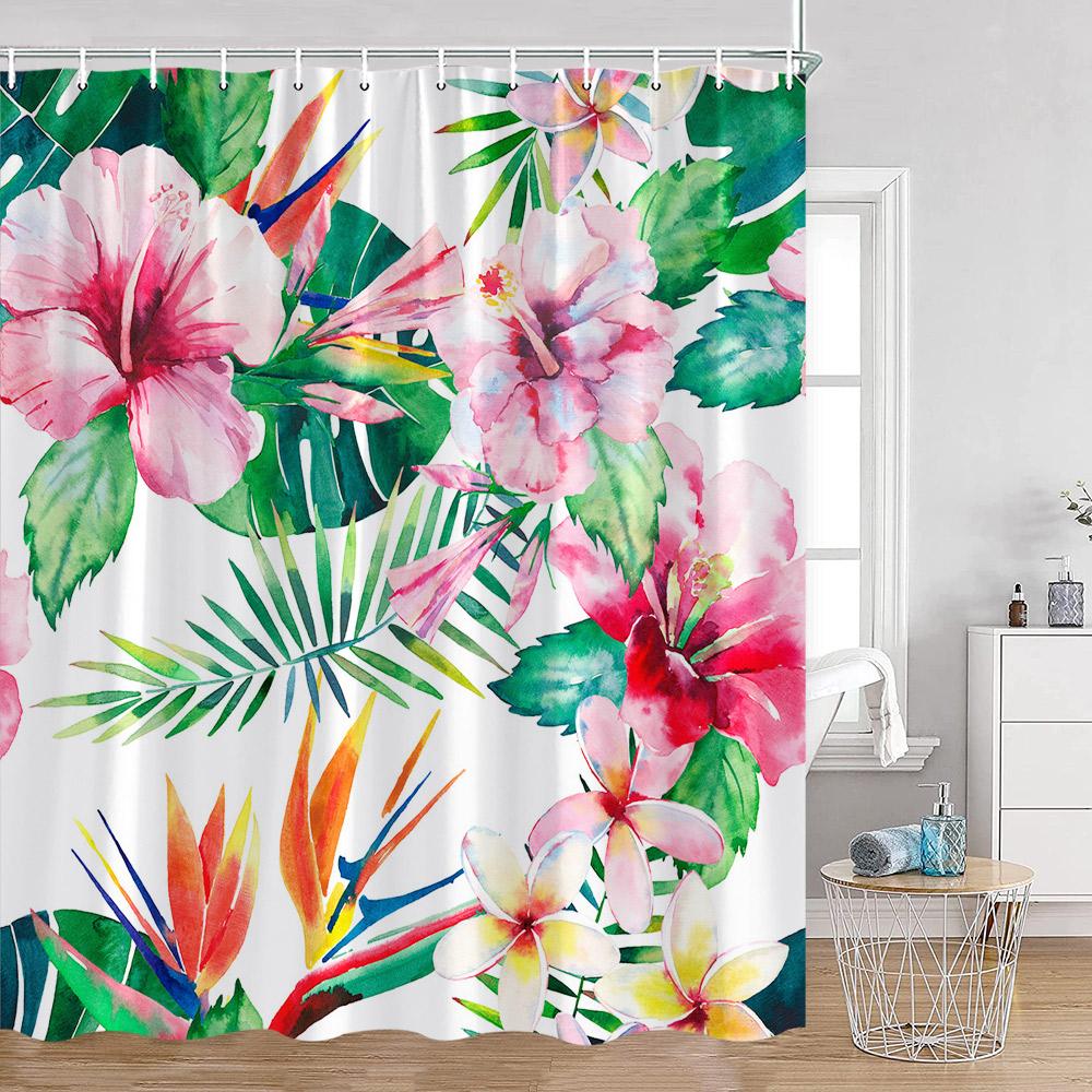 Floral Shower Curtain Colorful Flowers Birds Butterfly Botanical Green Leaves Bathroom Curtains Modern Bathtub Decor with Hooks