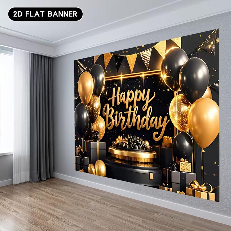 2D Black & Gold Glitter Birthday Background Cloth for Adult Party Photoshoot