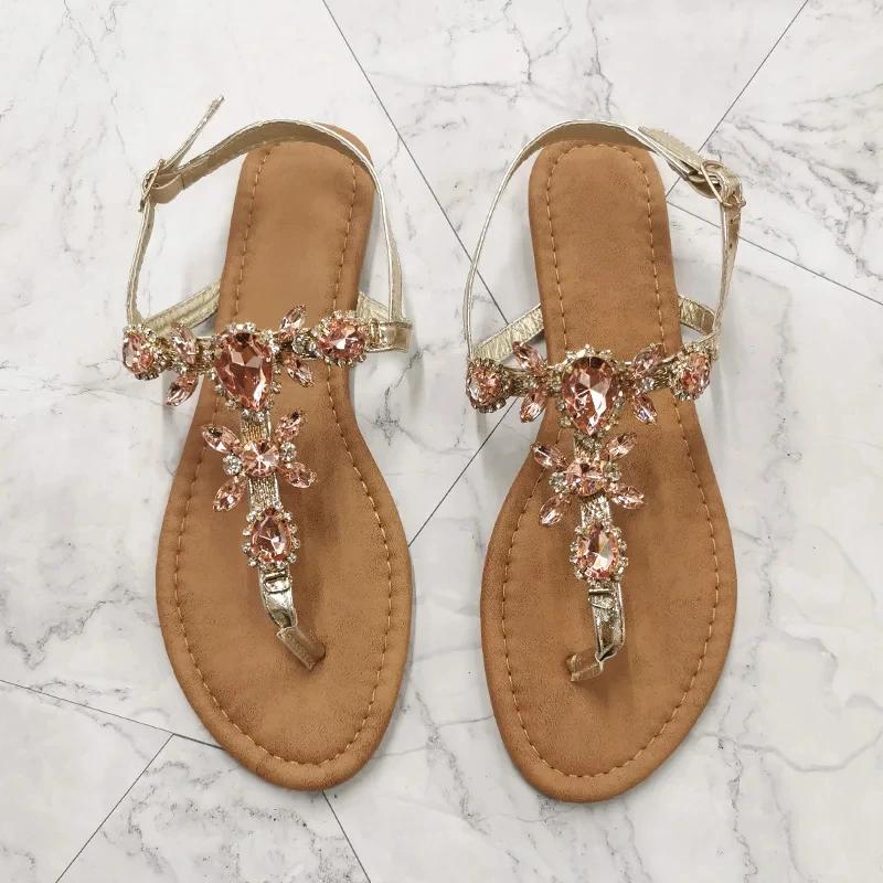 

Fashion 2025 Summer Fashion Women Sandals Rhinestone Decoration Simple and Comfortable Casual Buckle Woman Shoes Sandalias De Mujer 41 золотой