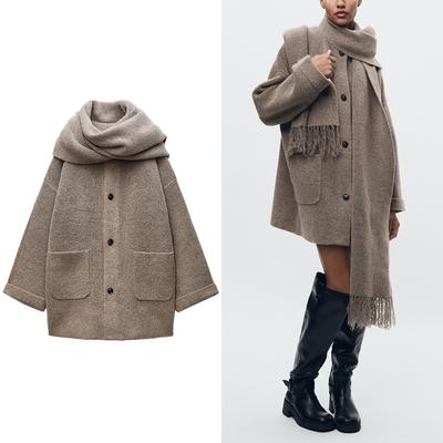 Damen Strickjacke mit Schal Slim Casual Jacke Langarm Patchwork Taschenjacke Elegant Büro Damen Pullover