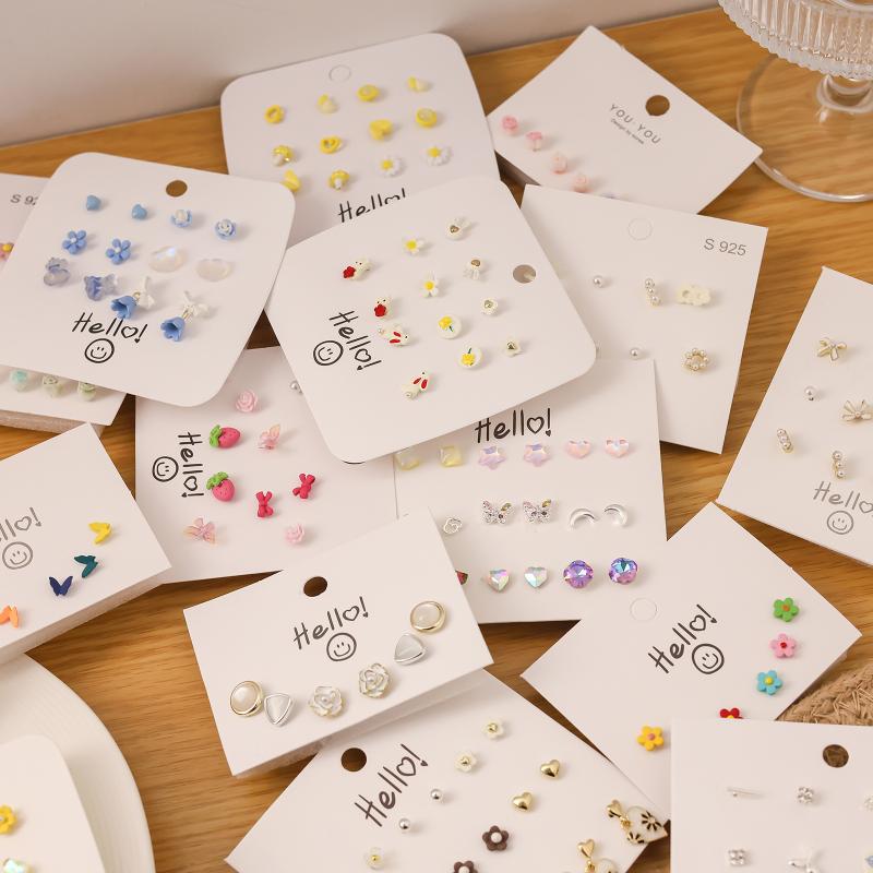 1Set Simple And Compact Silver Needle Earring Set Love Geometric Earring Combination Cute Sweet And Versatile Earrings