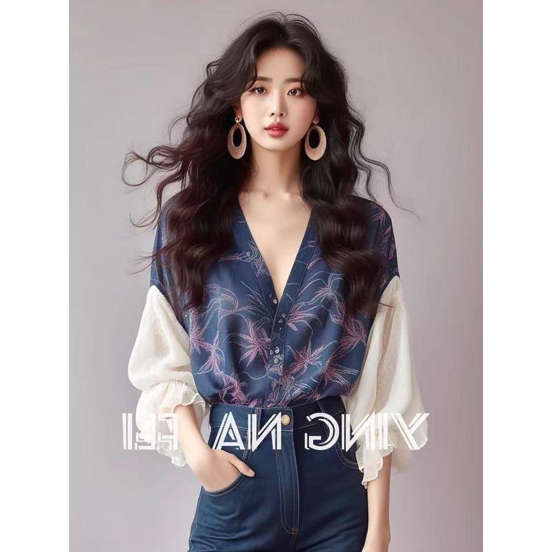 

Leak-Picking Chic Beautiful Belly Covering Blue Stitching Shirt Blue S