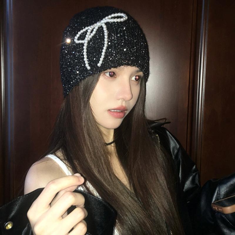 Pearls Bows Knitted Hat Elegant Ladies Hat Comfortable Soft Hat Flaring Glitter Hat for Men and Women