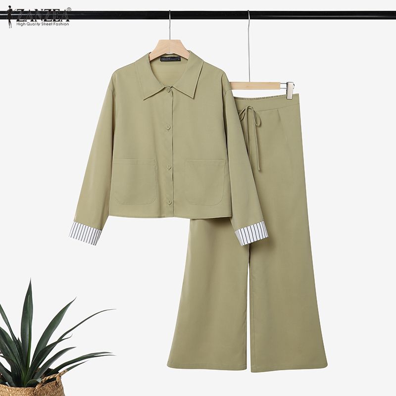 ZANZEA Elegant Women Outfits Lapel Neck Long Sleeve Blouse and Long Trousers Casual Two Piece Cargo Sets