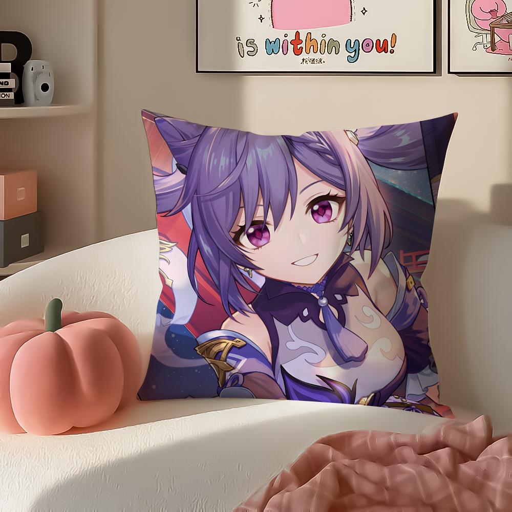 Game Genshin Keqing Cushion Cover Pillowcase Short Plush Invisible zipper Room Sofa Cushion Cover