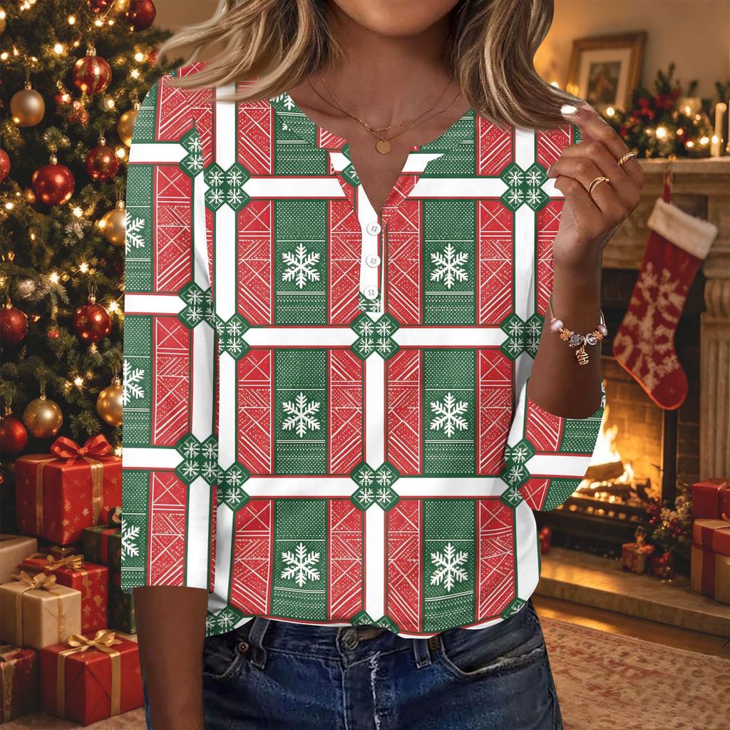 Women's Fashion Casual Christmas Print V-Neck Button 3/4 Sleeve T-Shirt Top for Holiday