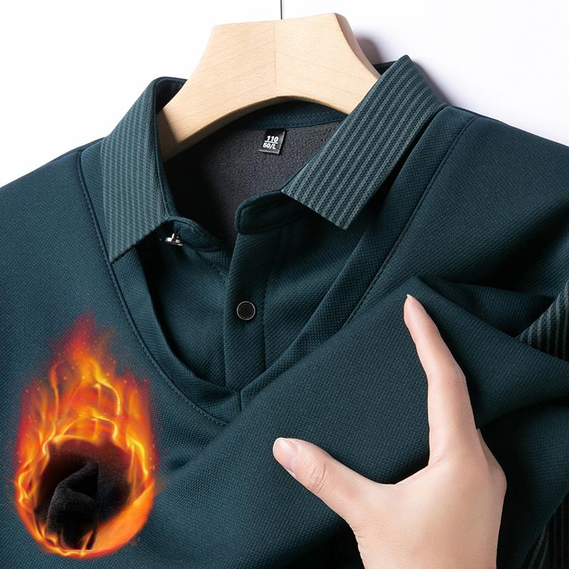 Men's Winter Fleece Fake Two Piece T-shirt Button Striped Polo Shirt Long Sleeve Fashion Casual Thicken Solid Lapel Male Tops