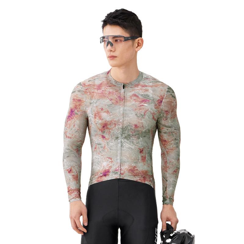 Li Ning 3D Cut High Elastic Breathable Footprint Series Cycling Long Sleeve Men Cycling Apparel Desert-Brown LCUY293-2