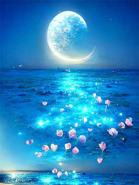 Full Square Round Diamond Painting Moon Landscape Mosaic Seaside Fantasy Embroidery Home Decor