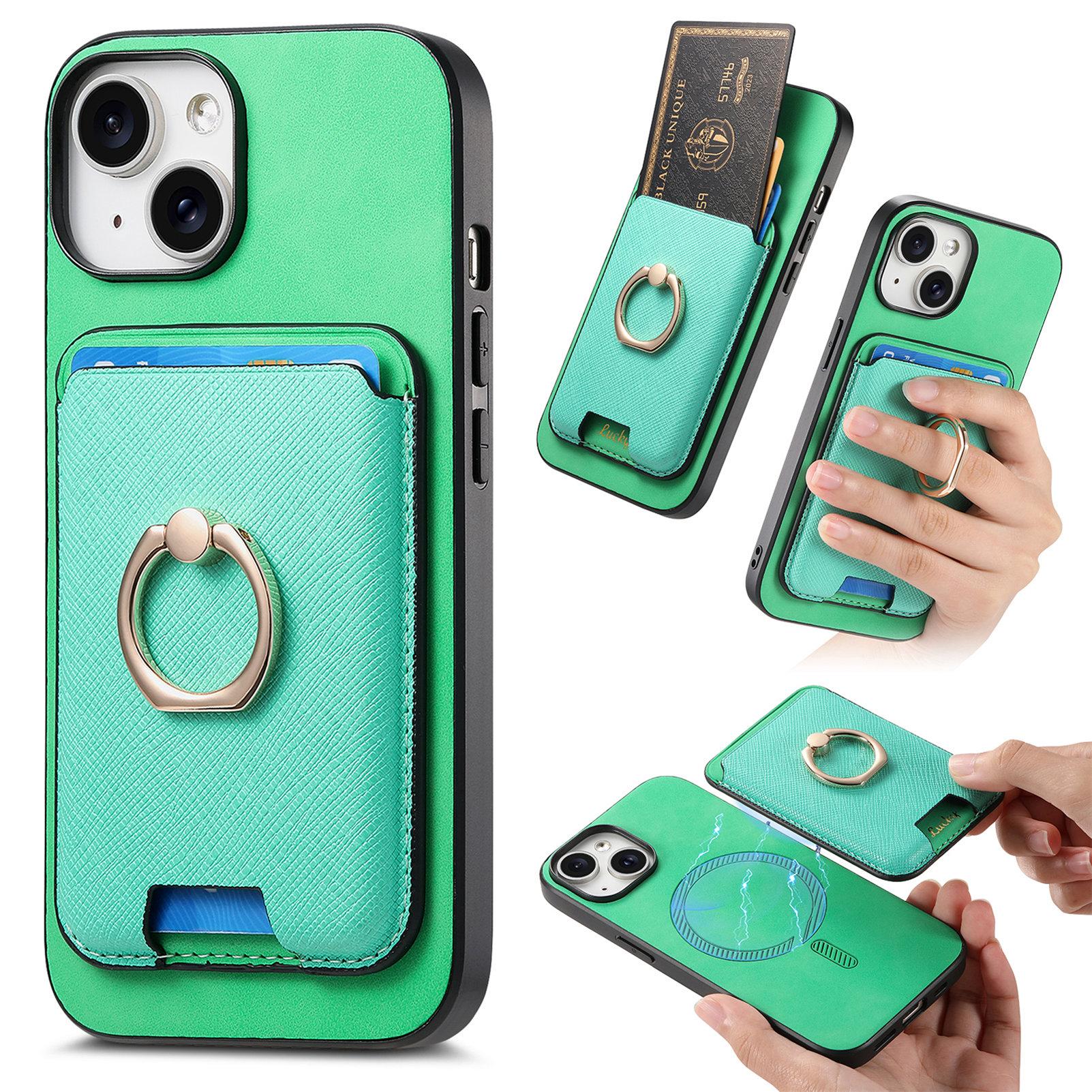 

For iPhone 14 Case Ring Kickstand Phone Cover with Detachable Magnetic Card Slot Green