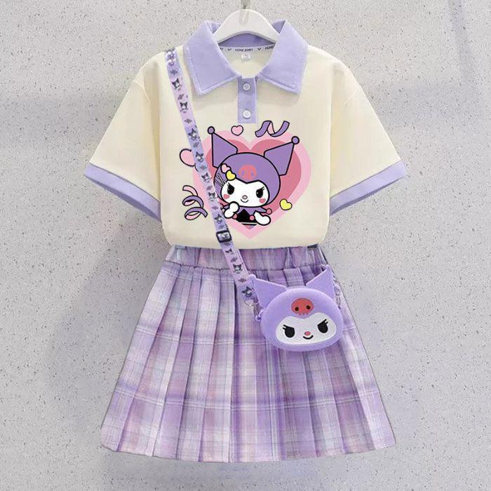 Kuromi Girls' Summer Cartoon JK Skirt Set - Short Sleeve Dress for Middle and Big Kids
