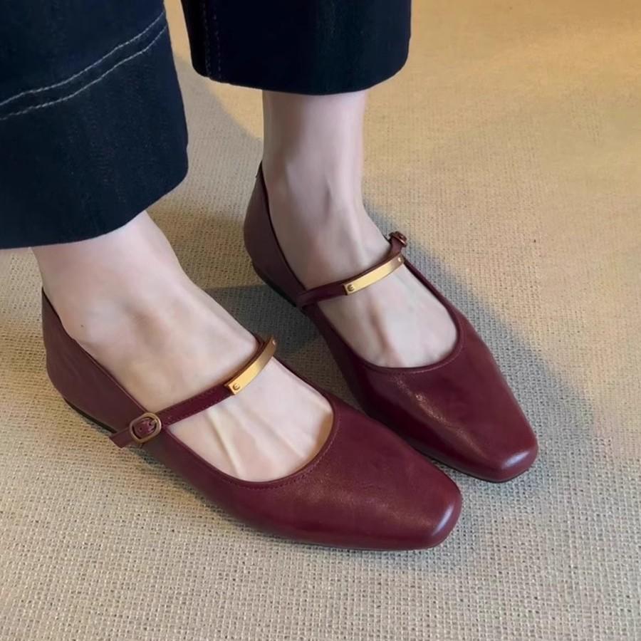 Sheepskin Version~ French Retro One-word Buckle with Mary Jane Shoes Women's New Square Head Flat Sole Shoes Low Heel Small Leather Shoes