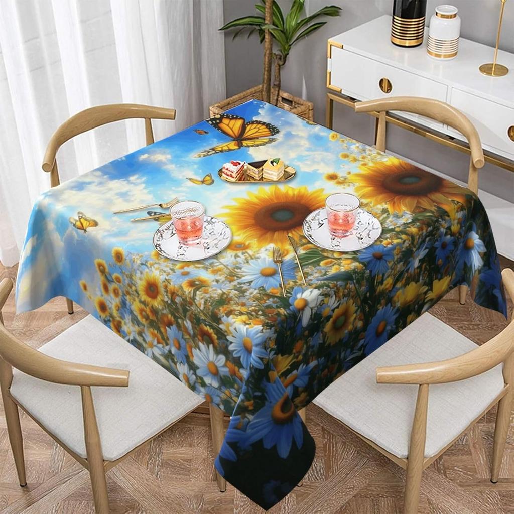 Sunflower Butterfly Square Tablecloth Washable Floral Garden Table Cloth Cover for Dining Party Picnic