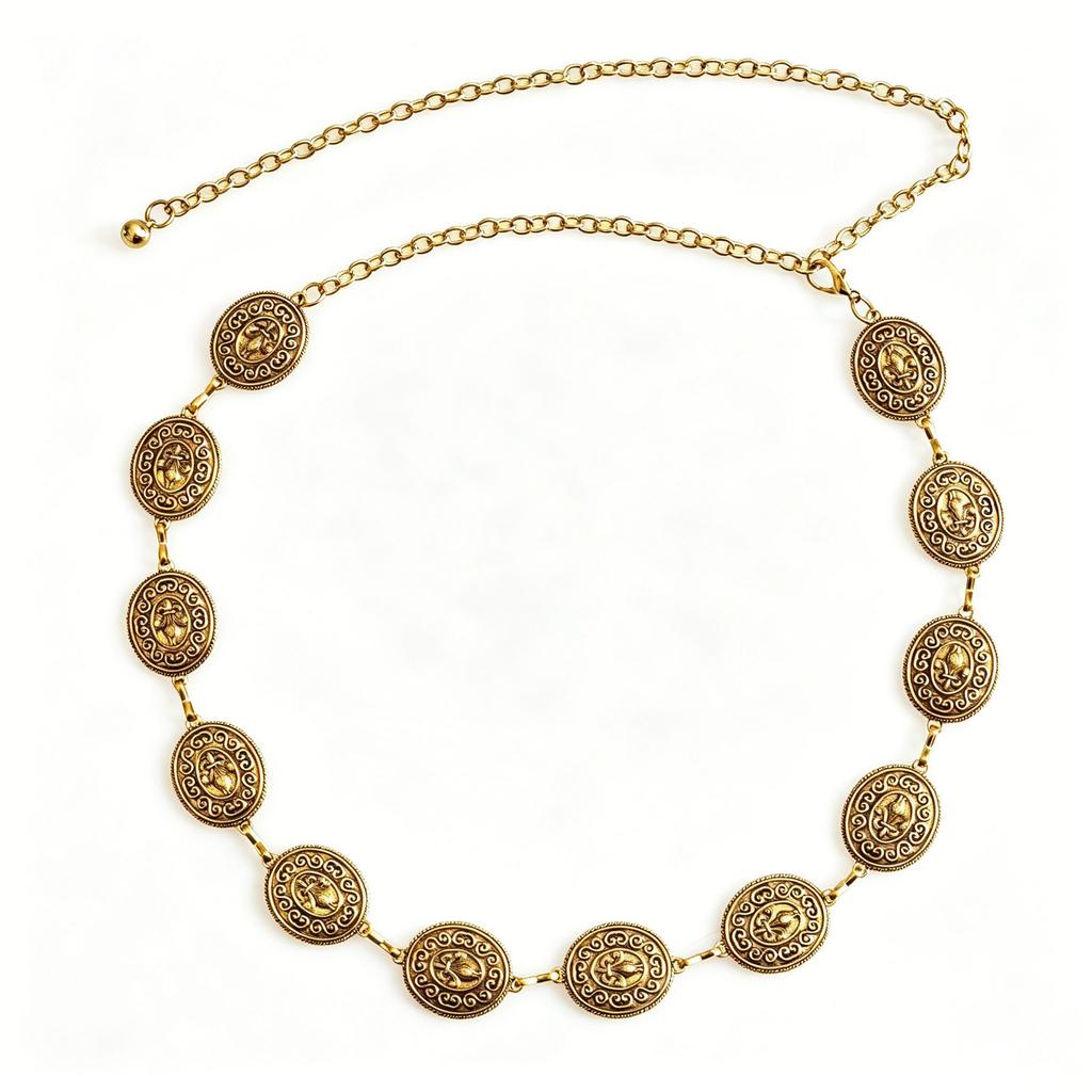 1PC popular ethnic style old ancient silver waist chain, retro carved round brand design versatile clothing accessories