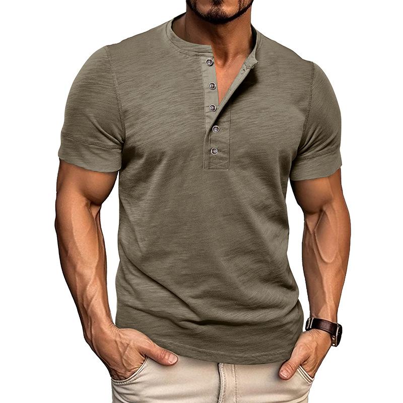Summer New Men s Muscle Henley Shirt Men s Colour Blocking Round Neck T-shirt Tops S армия зеленый 2960₽