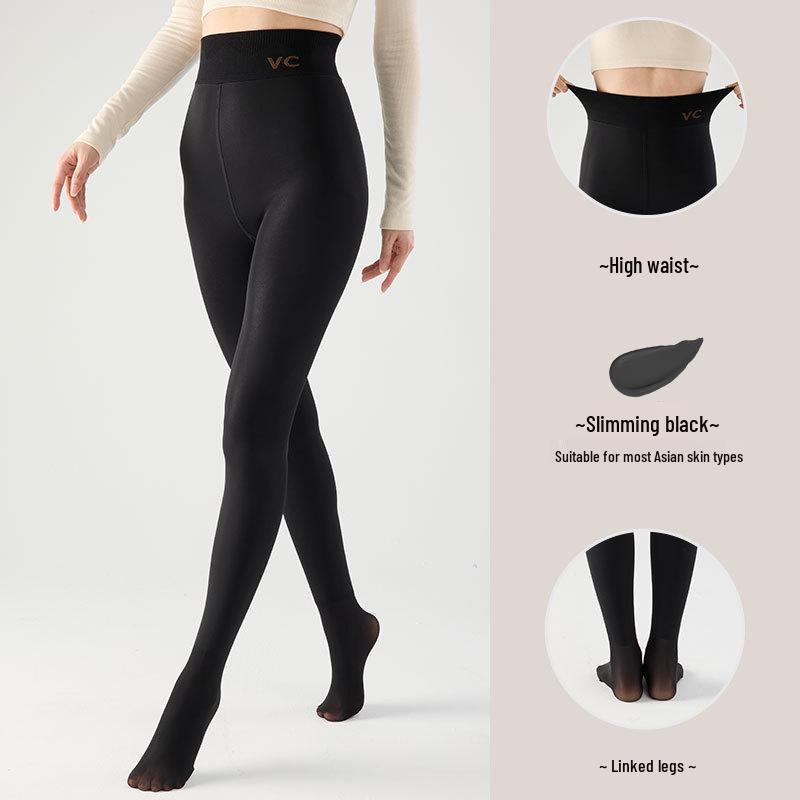 Huaxianzi High Waist Black Silk Tummy Control Leggings with Bare Leg Effect & Fleece Lining