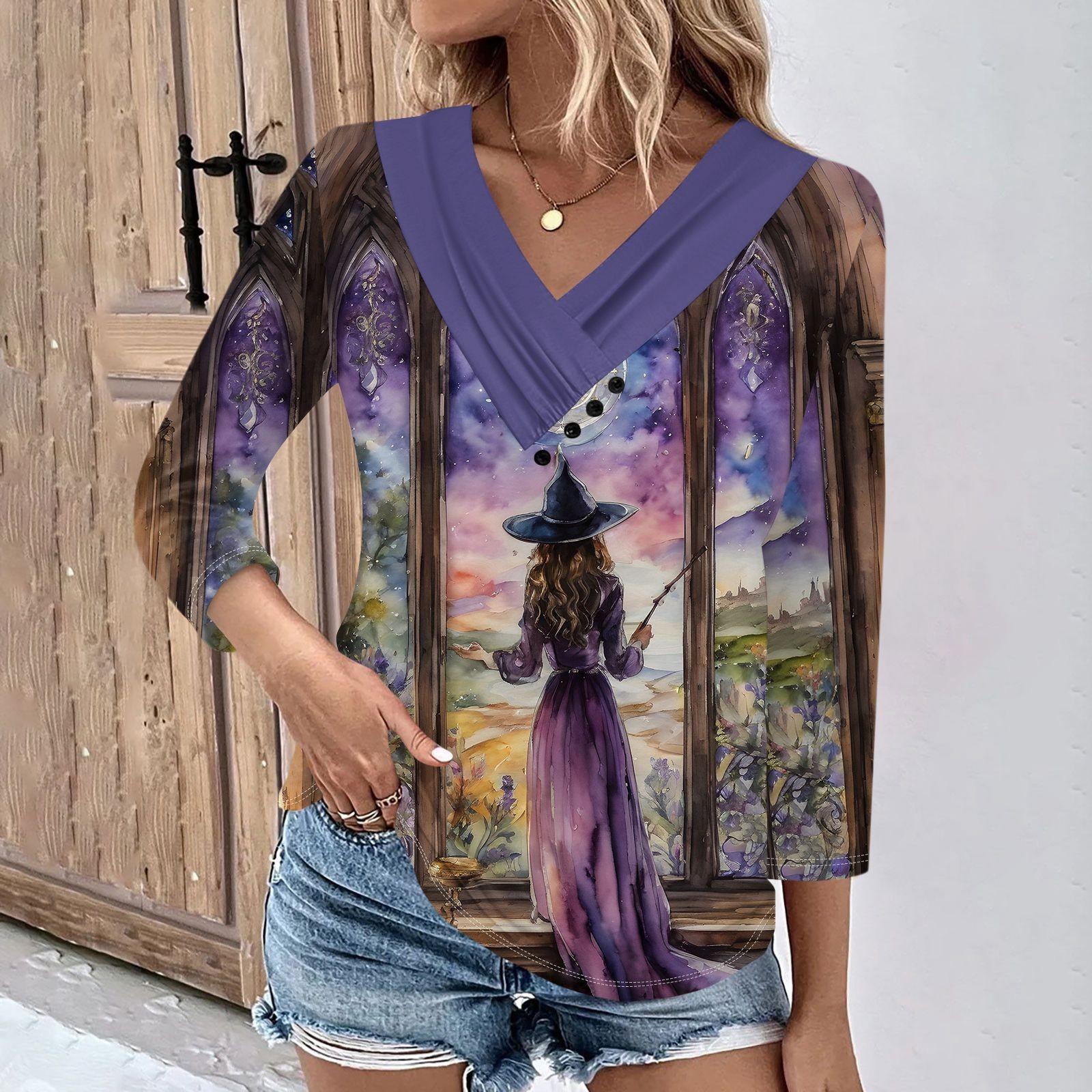 

Женские повседневные футболки с рукавом 3/4 на выходные с V-образным вырезом и принтом на Хэллоуин, свободные плиссированные футболки, женская блузка XL
