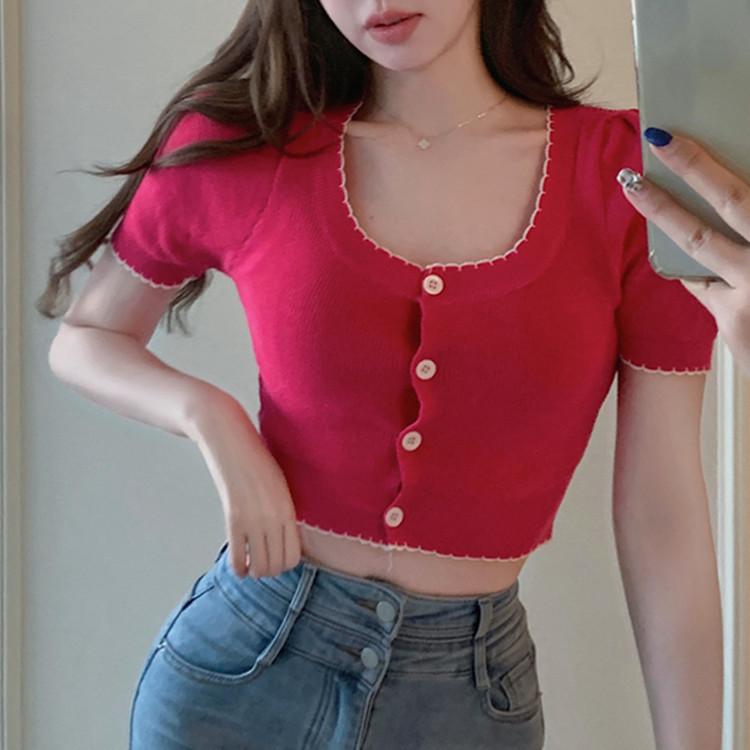 Square Neck Knit Bottoming Shirt Female Summer Short-sleeved Sexy Cardigan Dew-waisted Versatile Top Slim Casual Essential Slim Fit Pullovers Tees